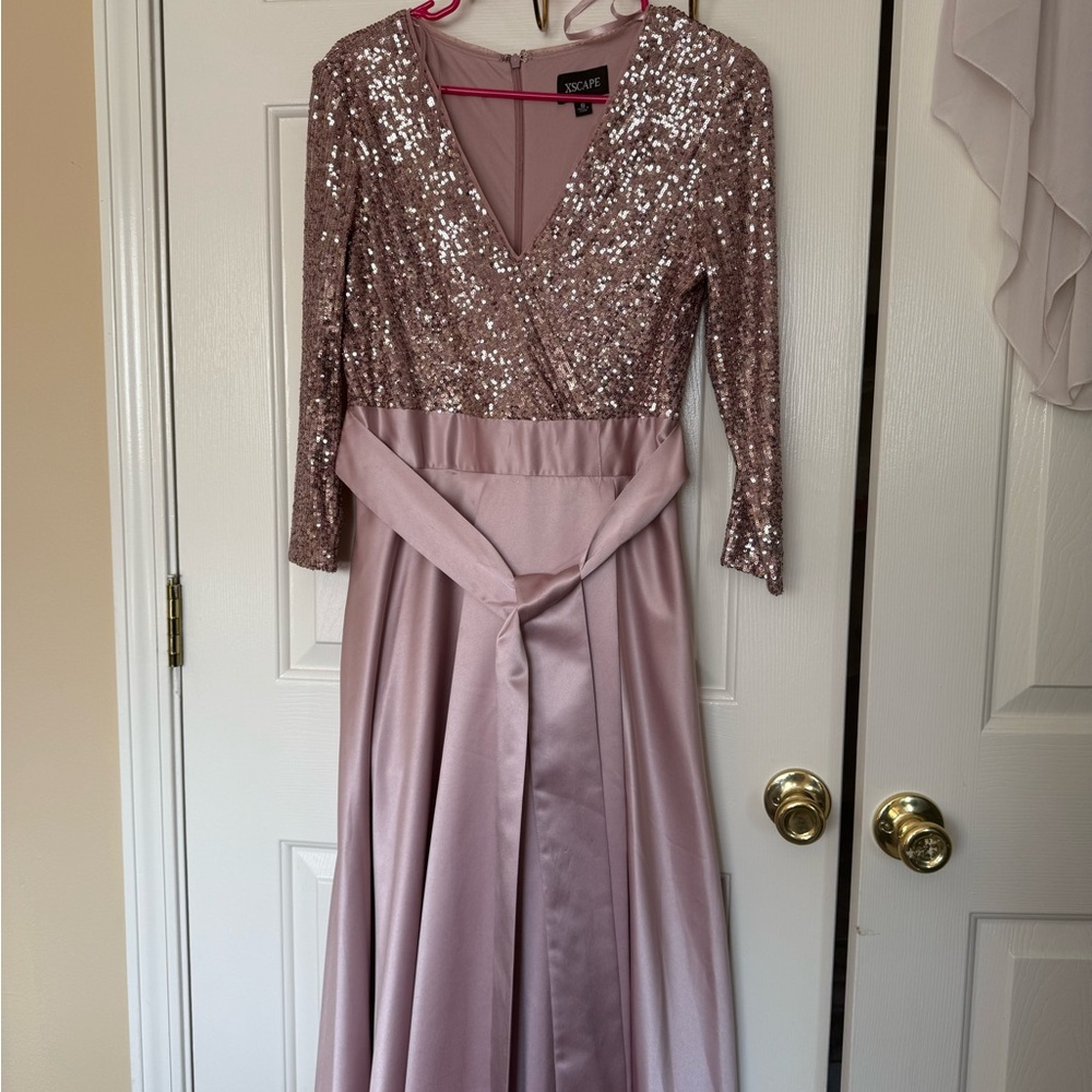 Xscape 3/4 Sleeve Sequin Top Stain Ballgown Mauve 12 - Picture 9 of 11